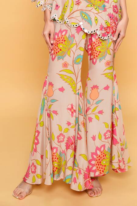 Sajeda A Lehry Beige Silk, Crepe Embroidery Asymmetric Floral Hand Sharara Set Online at Aza Fashions Sajeda A Lehry_Beige Silk, Crepe Embroidery Asymmetric Floral Hand Sharara Set _Online_at_Aza_Fashions