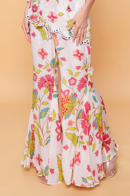 Sajeda A Lehry_Ivory Silk, Crepe Embroidery Asymmetric Hand Floral Sharara Set _Online_at_Aza_Fashions