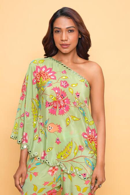 Sajeda A Lehry_Green Silk, Crepe Embroidery Asymmetric Floral Hand Sharara Set _Online_at_Aza_Fashions