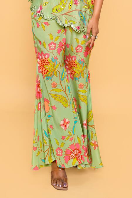 Buy_Sajeda A Lehry_Green Silk, Crepe Embroidery Asymmetric Floral Hand Sharara Set _Online_at_Aza_Fashions