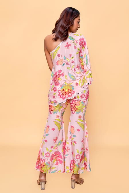 Shop_Sajeda A Lehry_Pink Silk, Crepe Embroidery Asymmetric Floral Hand Sharara Set _at_Aza_Fashions