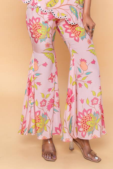 Sajeda A Lehry_Pink Silk, Crepe Embroidery Asymmetric Floral Hand Sharara Set _Online_at_Aza_Fashions