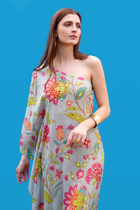 Sajeda A Lehry_Aqua Silk, Crepe Embroidery One Shoulder Hand Kaftan _Online_at_Aza_Fashions