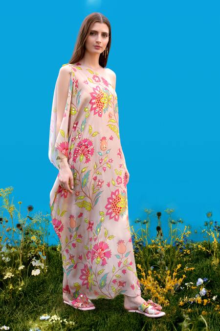 Sajeda A Lehry_Beige Silk, Crepe Embroidery Asymmetric Hand Kaftan _Online_at_Aza_Fashions