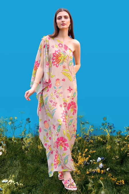 Sajeda A Lehry Beige Silk, Crepe Embroidery Asymmetric Hand Kaftan 