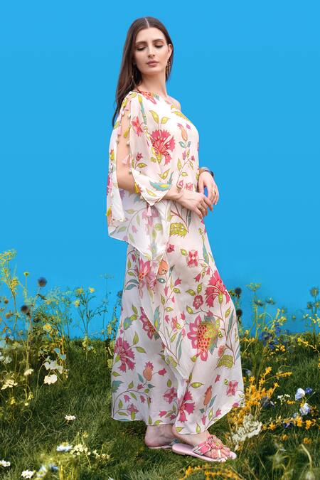 Sajeda A Lehry_Ivory Silk, Crepe Embroidery One Shoulder Hand Kaftan _Online_at_Aza_Fashions