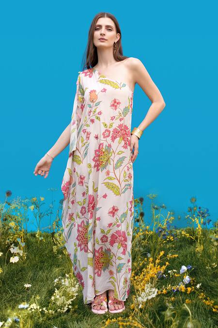 Buy_Sajeda A Lehry_Ivory Silk, Crepe Embroidery One Shoulder Hand Kaftan _Online_at_Aza_Fashions