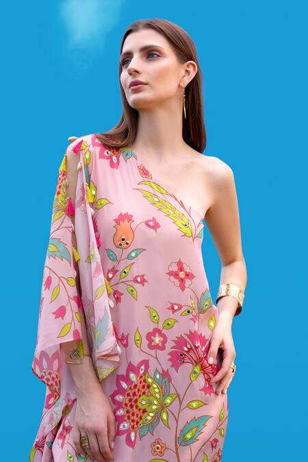 Sajeda A Lehry_Pink Silk, Crepe Embroidery Asymmetric Hand Rose Kaftan _Online_at_Aza_Fashions