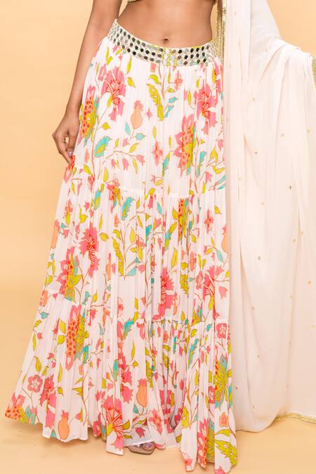 Buy_Sajeda A Lehry_Ivory Georgette Embroidery Square Neck Floral Printed Lehenga Set _Online_at_Aza_Fashions