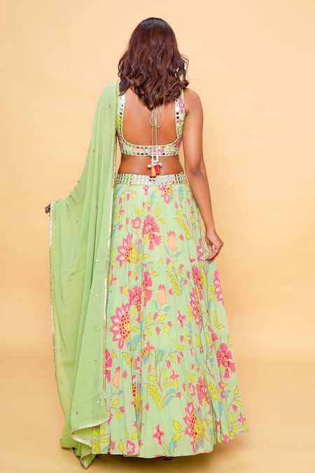 Sajeda A Lehry Floral Printed Pista Green Lehenga Set 