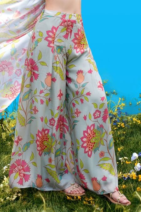 Sajeda A Lehry_Aqua Silk, Crepe Scoop Neck Floral Print Cape And Pant Set _Online_at_Aza_Fashions