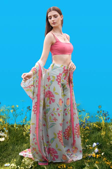 Buy_Sajeda A Lehry_Aqua Silk, Crepe Scoop Neck Floral Print Cape And Pant Set _Online_at_Aza_Fashions