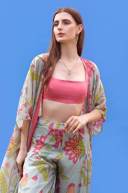 Shop_Sajeda A Lehry_Aqua Silk, Crepe Scoop Neck Floral Print Cape And Pant Set _Online_at_Aza_Fashions