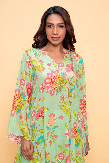 Sajeda A Lehry Green Silk, Crepe Embroidery V-neck Floral Hand Kurta And Dhoti Pant Online at Aza Fashions Sajeda A Lehry_Green Silk, Crepe Embroidery V-neck Floral Hand Kurta And Dhoti Pant _Online_at_Aza_Fashions