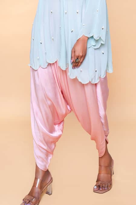 Sajeda A Lehry_Aqua Silk, Crepe V-neck Hand Embroidered Kurta And Dhoti Pant Set _Online_at_Aza_Fashions