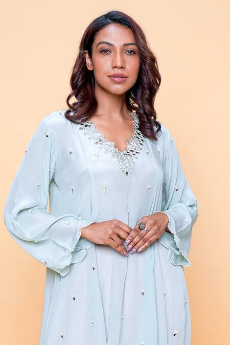 Buy_Sajeda A Lehry_Aqua Silk, Crepe V-neck Hand Embroidered Kurta And Dhoti Pant Set _Online_at_Aza_Fashions