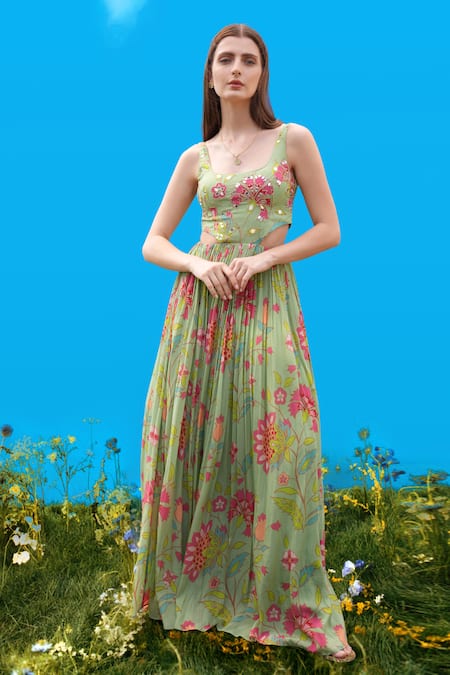 Sajeda A Lehry Green Silk, Crepe Embroidery Scoop Neck Hand Pista Dress 