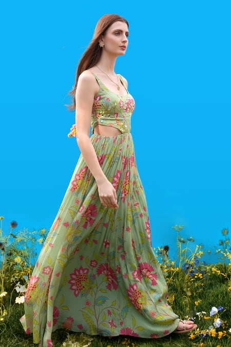 Sajeda A Lehry_Green Silk, Crepe Embroidery Scoop Neck Hand Pista Dress _Online_at_Aza_Fashions