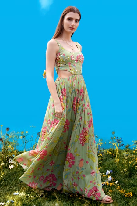 Buy_Sajeda A Lehry_Green Silk, Crepe Embroidery Scoop Neck Hand Pista Dress _Online_at_Aza_Fashions