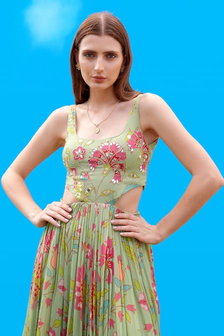 Shop_Sajeda A Lehry_Green Silk, Crepe Embroidery Scoop Neck Hand Pista Dress _Online_at_Aza_Fashions