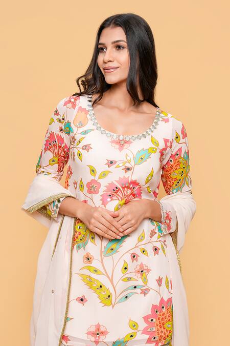 Buy Sajeda A Lehry Ivory Georgette Embroidery Round Neck Hand Floral Kurta Set Online at Aza Fashions Buy_Sajeda A Lehry_Ivory Georgette Embroidery Round Neck Hand Floral Kurta Set _Online_at_Aza_Fashions