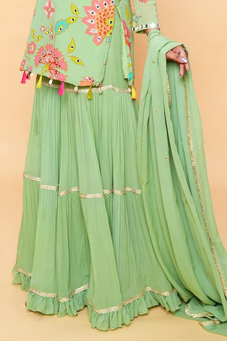 Sajeda A Lehry Green Georgette Tassels Round Neck Floral Hand Embroidered Kurta Sharara Set Online at Aza Fashions Sajeda A Lehry_Green Georgette Tassels Round Neck Floral Hand Embroidered Kurta Sharara Set _Online_at_Aza_Fashions