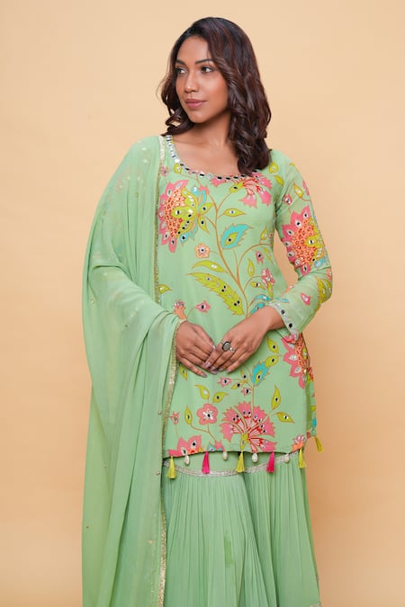 Buy Sajeda A Lehry Green Georgette Tassels Round Neck Floral Hand Embroidered Kurta Sharara Set Online at Aza Fashions Buy_Sajeda A Lehry_Green Georgette Tassels Round Neck Floral Hand Embroidered Kurta Sharara Set _Online_at_Aza_Fashions
