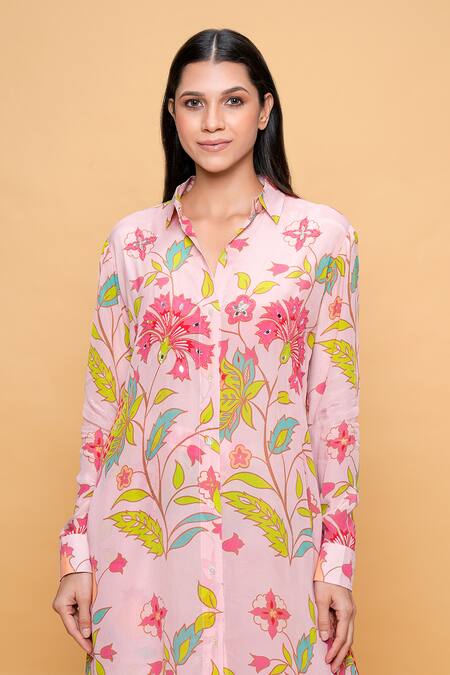 Buy Sajeda A Lehry Pink Silk, Crepe Embroidery Collared Hand Floral Kurta Pant Set Online at Aza Fashions Buy_Sajeda A Lehry_Pink Silk, Crepe Embroidery Collared Hand Floral Kurta Pant Set _Online_at_Aza_Fashions