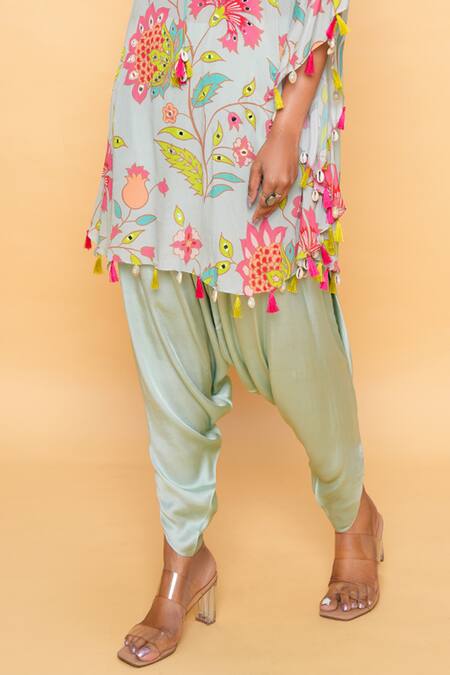 Sajeda A Lehry_Aqua Silk, Crepe Embroidery Round Neck Floral Kaftan And Dhoti Pant Set _Online_at_Aza_Fashions