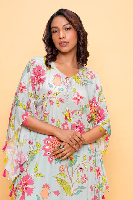 Buy_Sajeda A Lehry_Aqua Silk, Crepe Embroidery Round Neck Floral Kaftan And Dhoti Pant Set _Online_at_Aza_Fashions