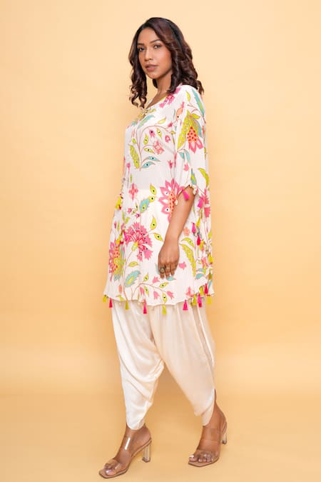 Sajeda A Lehry Ivory Silk, Crepe Round Neck Floral Hand Embroidered Kaftan Set 