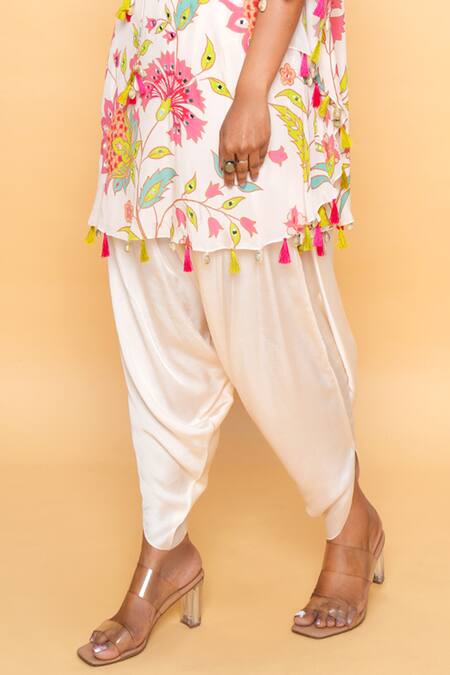 Sajeda A Lehry_Ivory Silk, Crepe Round Neck Floral Hand Embroidered Kaftan Set _Online_at_Aza_Fashions