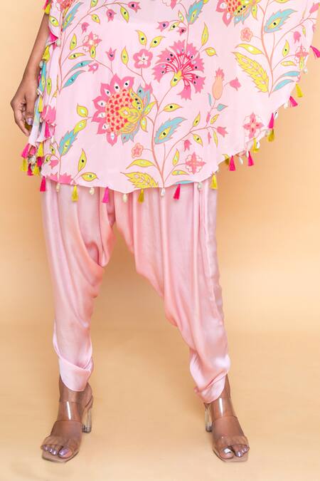 Sajeda A Lehry_Pink Silk, Crepe Tassels Round Neck, Floral Hand Embroidered Kaftan And Dhoti Pant _Online_at_Aza_Fashions