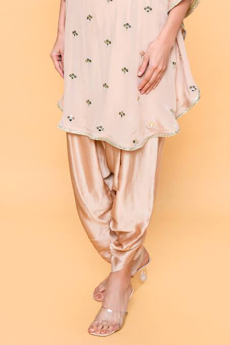 Sajeda A Lehry_Beige Silk, Crepe Tassels V-neck Hand Embroidered Kaftan And Dhoti Pant _Online_at_Aza_Fashions