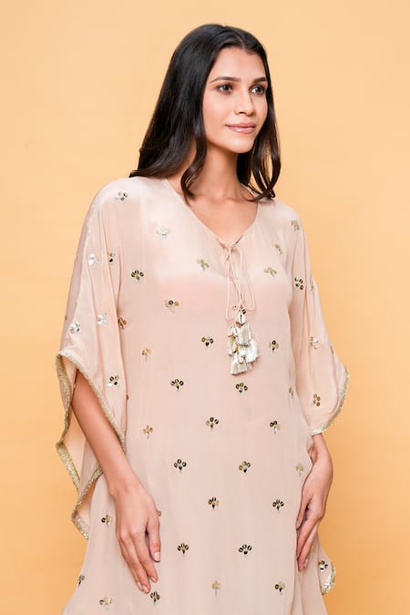 Buy_Sajeda A Lehry_Beige Silk, Crepe Tassels V-neck Hand Embroidered Kaftan And Dhoti Pant _Online_at_Aza_Fashions