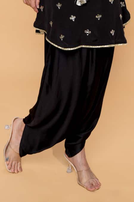 Sajeda A Lehry_Black Silk, Crepe Embroidery V-neck Hand Kaftan And Dhoti Pant _Online_at_Aza_Fashions