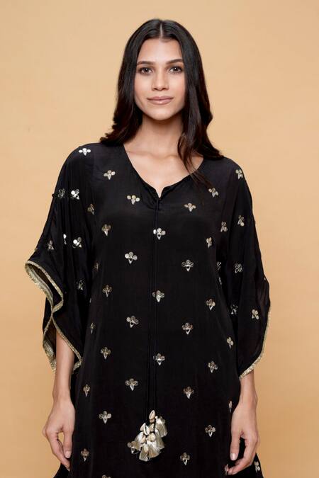 Buy_Sajeda A Lehry_Black Silk, Crepe Embroidery V-neck Hand Kaftan And Dhoti Pant _Online_at_Aza_Fashions