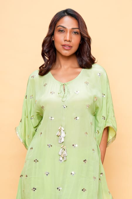 Sajeda A Lehry Green Silk, Crepe Tassels Keyhole Neck Hand Embroidered Pista Kaftan Set Online at Aza Fashions Sajeda A Lehry_Green Silk, Crepe Tassels Keyhole Neck Hand Embroidered Pista Kaftan Set _Online_at_Aza_Fashions