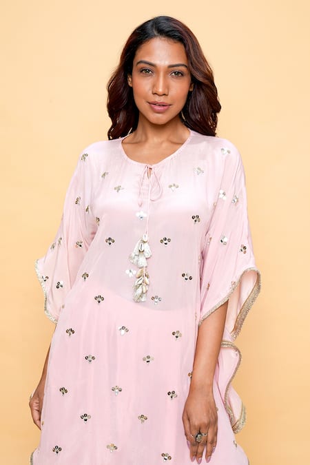Sajeda A Lehry_Pink Silk, Crepe Embroidery Keyhole Neck Hand Kaftan And Dhoti Pant Set _Online_at_Aza_Fashions