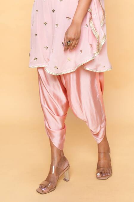 Buy_Sajeda A Lehry_Pink Silk, Crepe Embroidery Keyhole Neck Hand Kaftan And Dhoti Pant Set _Online_at_Aza_Fashions