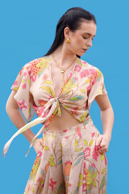 Sajeda A Lehry_Beige Silk, Crepe Round Neck Sienna Floral Print Crop Top And Pant _Online_at_Aza_Fashions