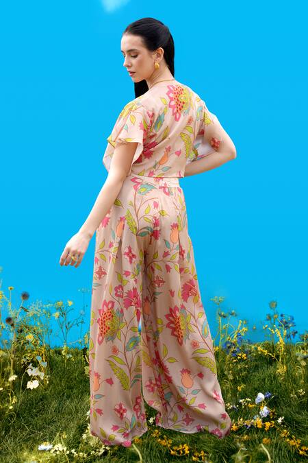 Sajeda A Lehry Sienna Beige Floral Print Crop Top & Pant 