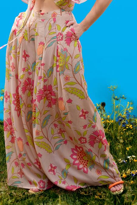 Buy_Sajeda A Lehry_Beige Silk, Crepe Round Neck Sienna Floral Print Crop Top And Pant _Online_at_Aza_Fashions