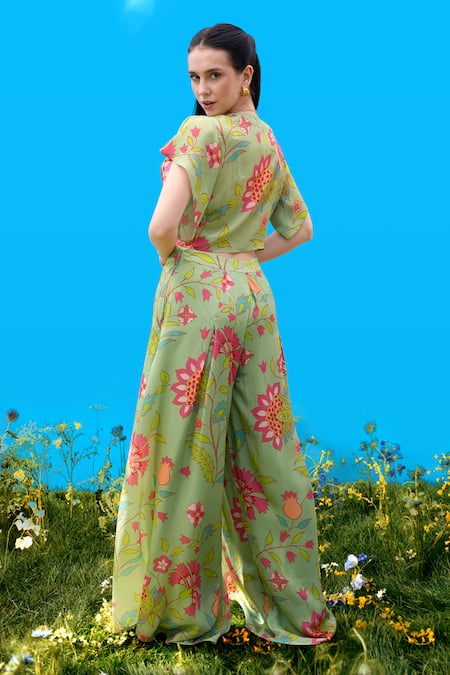 Sajeda A Lehry Floral Print Crop Top & Pant Set 