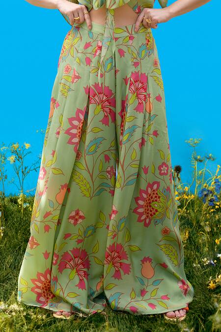 Shop_Sajeda A Lehry_Green Silk, Crepe V-neck Floral Print Crop Top And Pant Set _Online_at_Aza_Fashions