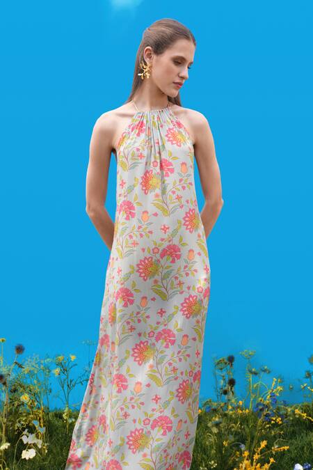 Sajeda A Lehry_Aqua Crepe Halter Neck Floral Digital Print Dress _Online_at_Aza_Fashions