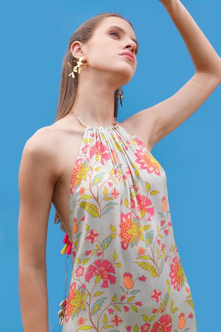 Buy_Sajeda A Lehry_Aqua Crepe Halter Neck Floral Digital Print Dress _Online_at_Aza_Fashions