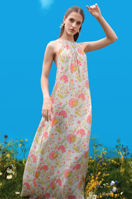 Shop_Sajeda A Lehry_Aqua Crepe Halter Neck Floral Digital Print Dress _Online_at_Aza_Fashions