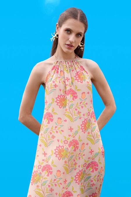 Sajeda A Lehry_Beige Crepe Halter Neck Digital Print Dress _Online_at_Aza_Fashions