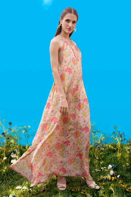 Buy_Sajeda A Lehry_Beige Crepe Halter Neck Digital Print Dress _Online_at_Aza_Fashions